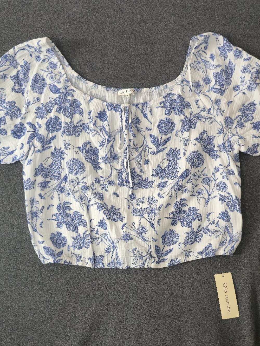 wild jasmine white and blue floral-print short-sleeve crop top 3XL